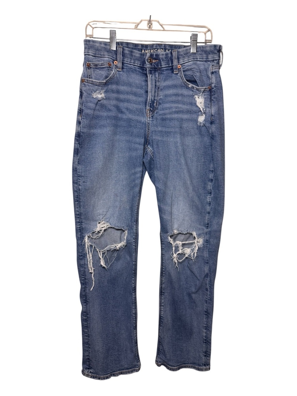 American Eagle Outfitters Curvy Straight Jeans Blue Distressed Stretch size 10
